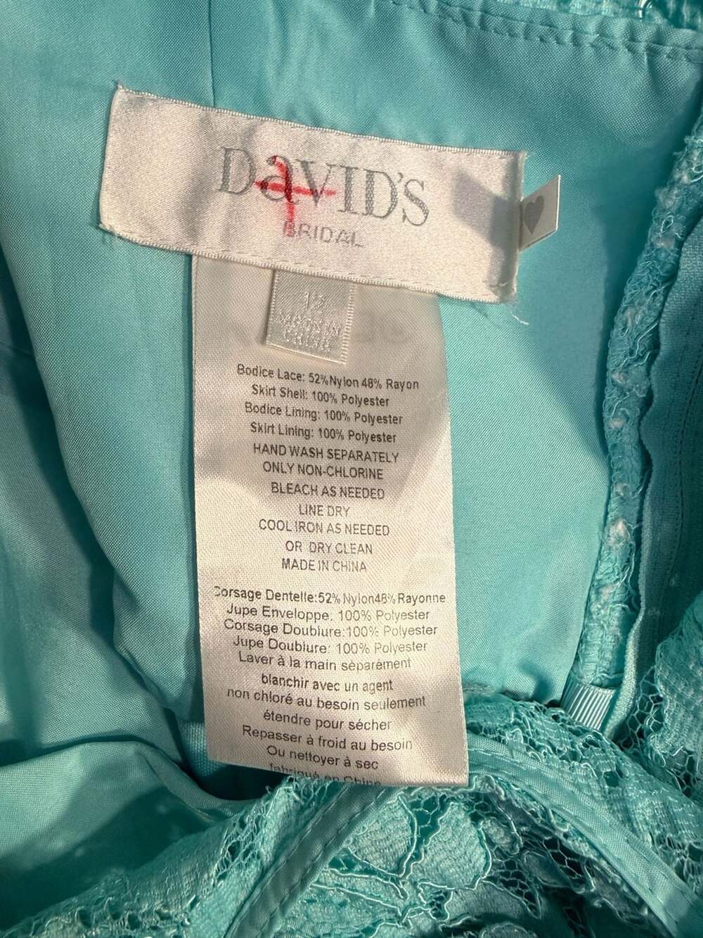 David's Bridal Spa Blue Lace Chiffon Sleeveless Floor Length Bridesmaid Dress - Picture 3 of 5